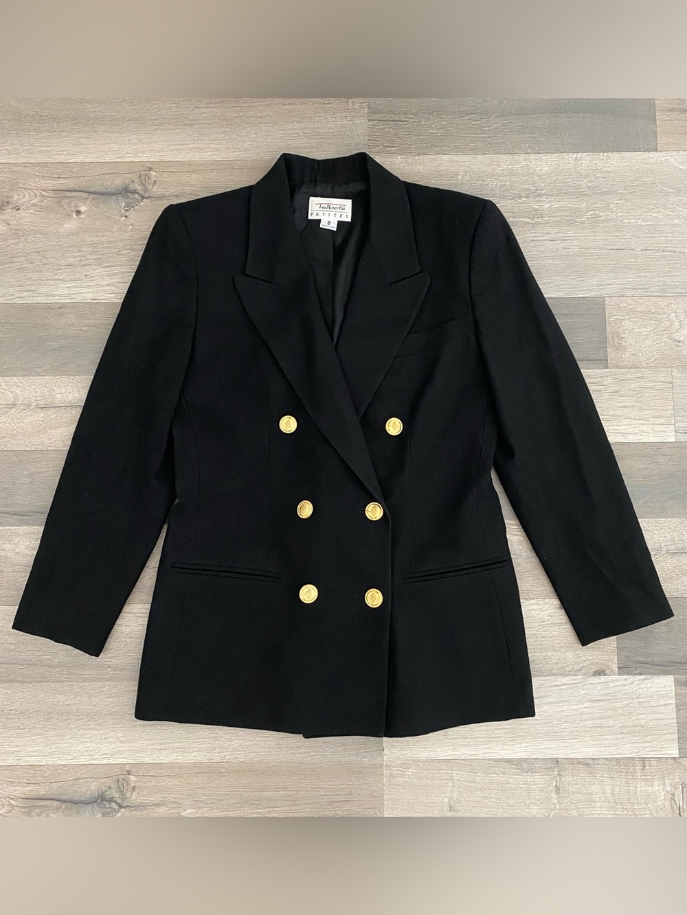 Talbots Black Wool Double Breasted Blazer Gold Buttons Shoulder Pads 8 Petite